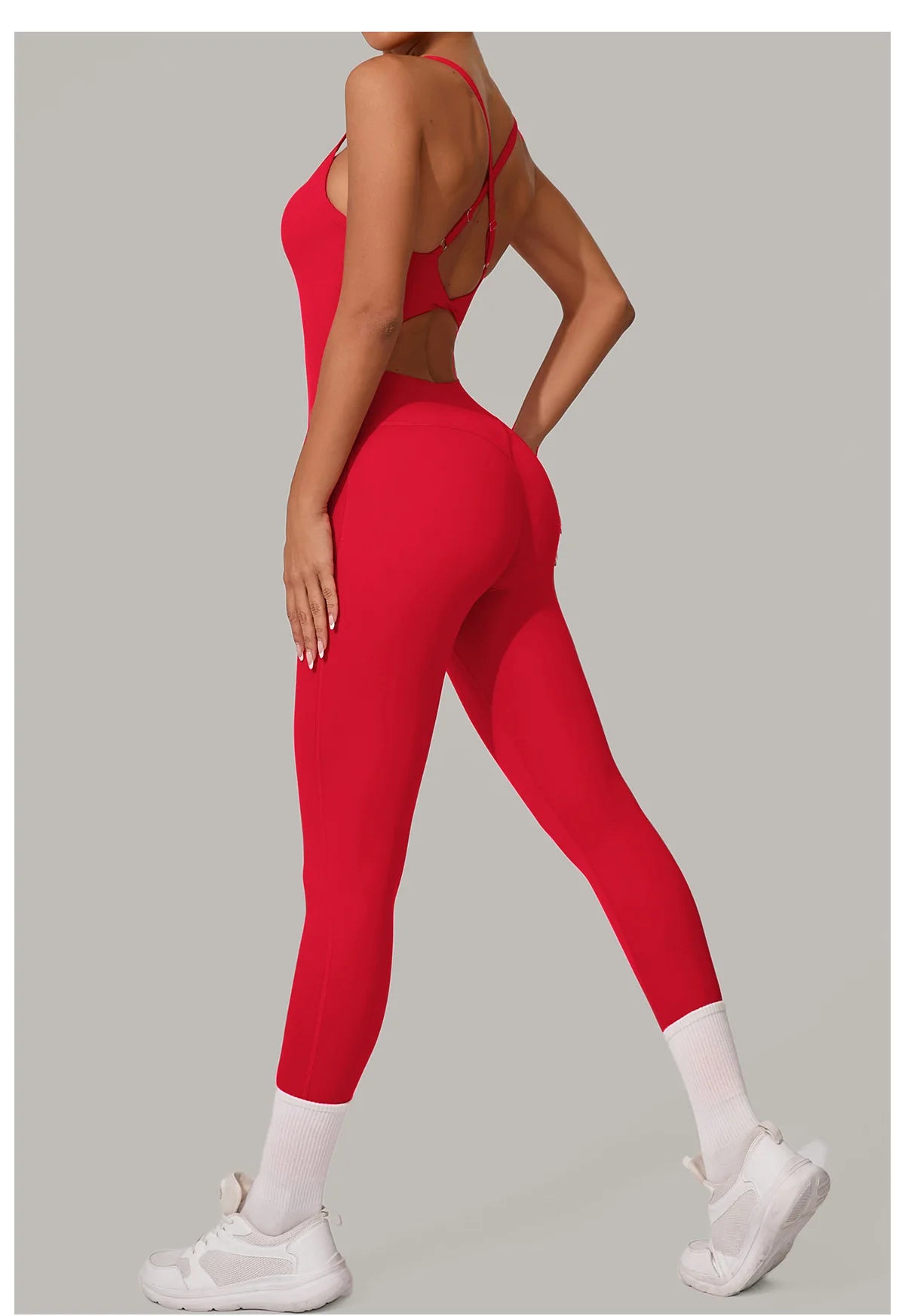 New Nylon Pad V-Neck Wrap Yoga Bodysuit - Adjustable Hook Tummy Control Butt Lift Workout Jumpsuit