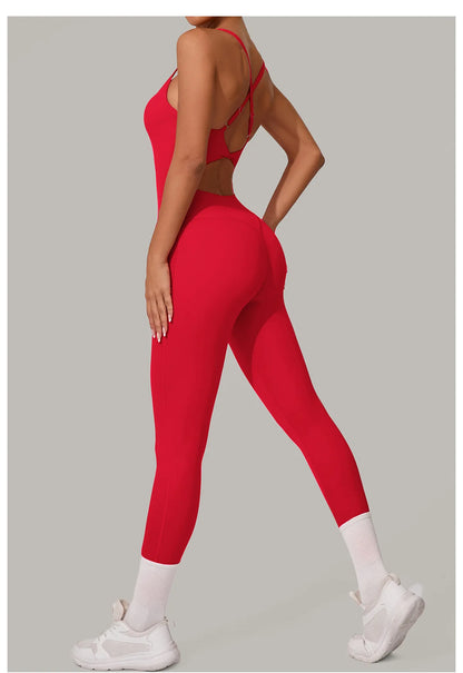 New Nylon Pad V-Neck Wrap Yoga Bodysuit - Adjustable Hook Tummy Control Butt Lift Workout Jumpsuit