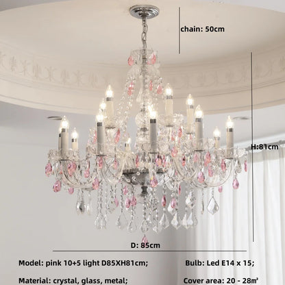 French Romantic Crysatl Candle Chandelier Luxury Glass Pink E14 Pendant Lights Living Room Art Decor Led Lamparas Bedroom Lamp