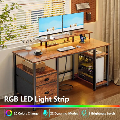 51" Computer Desk with Outlets and LED, Desk with Drawers, Brown