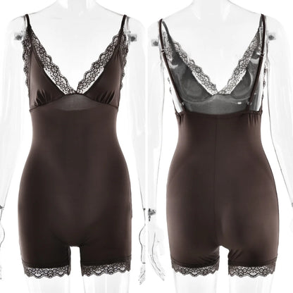 Absobe Lace Patchwork Cami Playsuit Women V-Neck Sexy Backless Sleeveless Romper Solid Y2K Streetwear Casual Loungewear Outfit