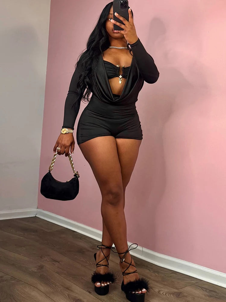 Sisterlinda Swinging Neck Playsuits Women Solid Metal Splice Cleavage Full Sleeve Stretch Sexy Slim Romers Chic Trend Clubwear