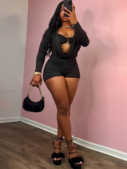 Sisterlinda Swinging Neck Playsuits Women Solid Metal Splice Cleavage Full Sleeve Stretch Sexy Slim Romers Chic Trend Clubwear