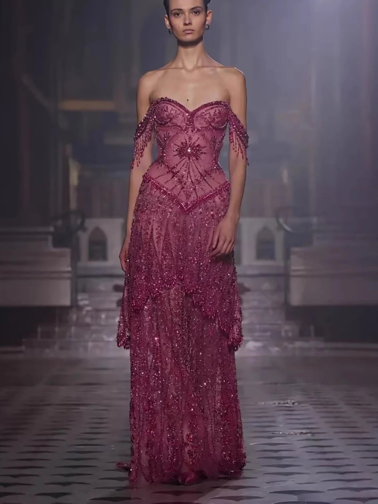 Serene Hill 2026 Luxury Fuchsia Arabic Beaded A-Line Evening Dress With Tassels For Formal Wedding Party BLA73594 Customized