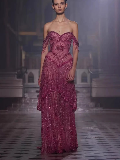 Serene Hill 2026 Luxury Fuchsia Arabic Beaded A-Line Evening Dress With Tassels For Formal Wedding Party BLA73594 Customized