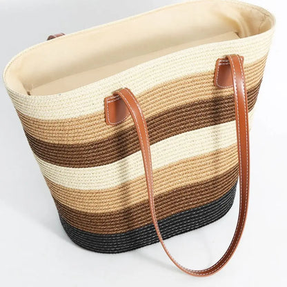 Fashion Straw Tote Bag Stripe Large Capacity Woven Shoulder Bag Square Zipper Woven Hat Vacation Top-Handle Bags