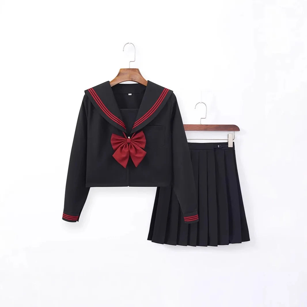 Black Japanese School Uniform Set with Long Sleeves Sailor Suit Soft Sister Skirt Floral Pattern Student Outfit