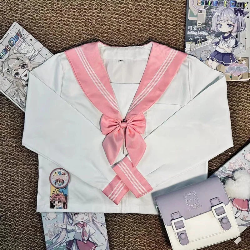 New Japanese School Uniform Girl Jk Suit Sexy Spring and Autumn Navy Pink Tie Cosplay Sailor Uniform Middle School Clothing