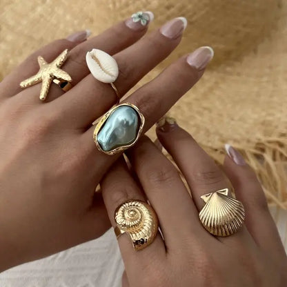 8Pcs/Set Vintage Pink Metal Flower Ring Set for Women Punk Elegant Baroque Pearl Knuckle Joint Ring Party Daily Wear Jewelry