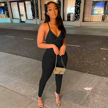 Women's solid color ribbed camisole back jumpsuit casual yoga jumpsuit