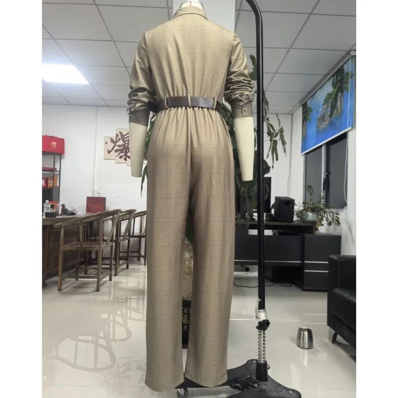 Retro Grid Button Lapel Shirt Jumpsuits Woman Fashion High Waist Slim Bodysuits Romper Spring Autumn Long Sleeve Pocket Overalls