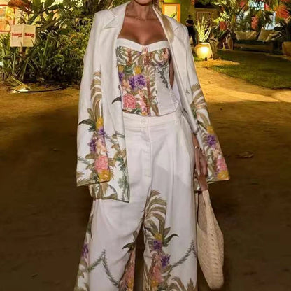 Casual Off Shoulder Sling Top+Coat+Pants Three Piece Set New Spring Summer Holiday Women's Suit Elegant Printed Straight Outfit