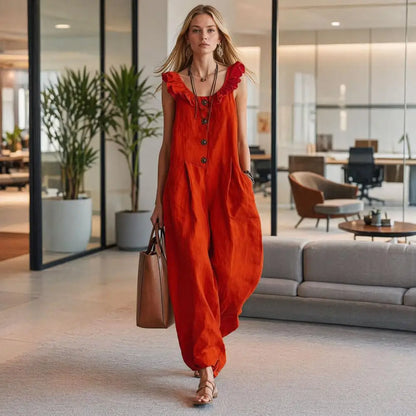 Loose Fit Jumpsuit Ruffle Strap Jumpsuit Women’s Ruffle Crew Neck Jumpsuit with Pockets Wide Leg Rompers Summer Travel