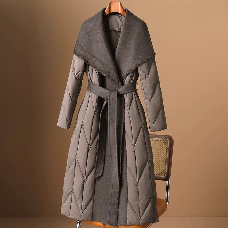 White Duck Down Coat Wool Patchwork 2025 Down Jacket for Women Autumn Winter New Fashion Style Long Puffer Jacket Lady Feather