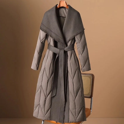 White Duck Down Coat Wool Patchwork 2025 Down Jacket for Women Autumn Winter New Fashion Style Long Puffer Jacket Lady Feather