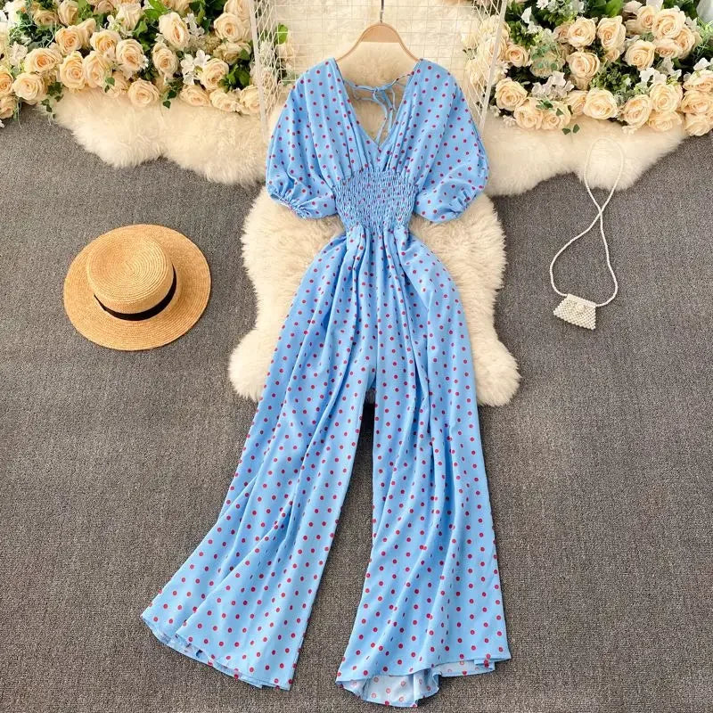 Jumpsuit Women Summer New Temperament Polka Dot V-neck High Waist Casual Wide Leg Jumpsuit Elegant Party One Piece Jumpsuits