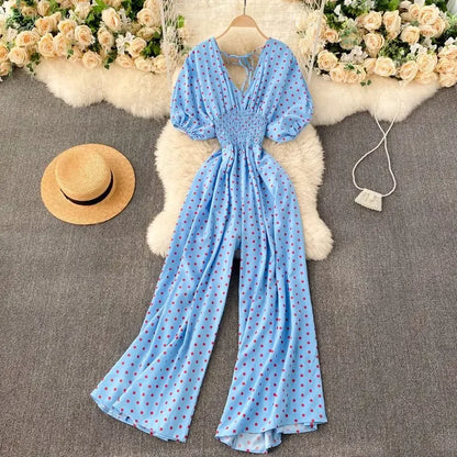Jumpsuit Women Summer New Temperament Polka Dot V-neck High Waist Casual Wide Leg Jumpsuit Elegant Party One Piece Jumpsuits