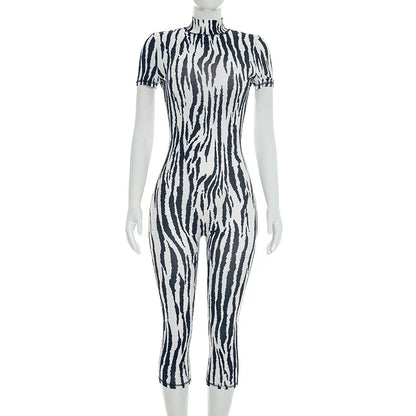 FAGADOER Fashion Zebra Pattern Bodycon Rompers Summer Sexy High Neck Back Hollow Out Jumpsuits Streetwear Party Club Playsuits