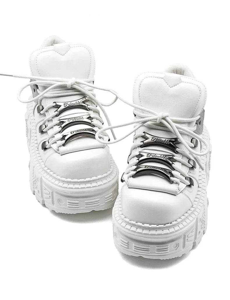 Gothic Ankle Rock Boots Women Shoes White Leather Platform New Punk Style Lace-up Heel Height Shoes Metal Decor Woman Sneakers