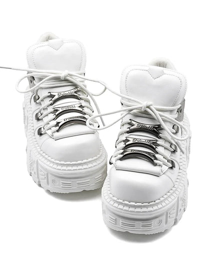 Gothic Ankle Rock Boots Women Shoes White Leather Platform New Punk Style Lace-up Heel Height Shoes Metal Decor Woman Sneakers
