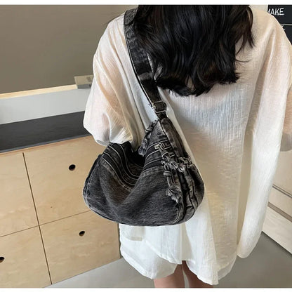 Vintage Denim Women's Shoulder Bag Large Capacity Messenger Bag Multi-pockets Satchel Bags Adjustable Strap Ladies Crossbody Bag