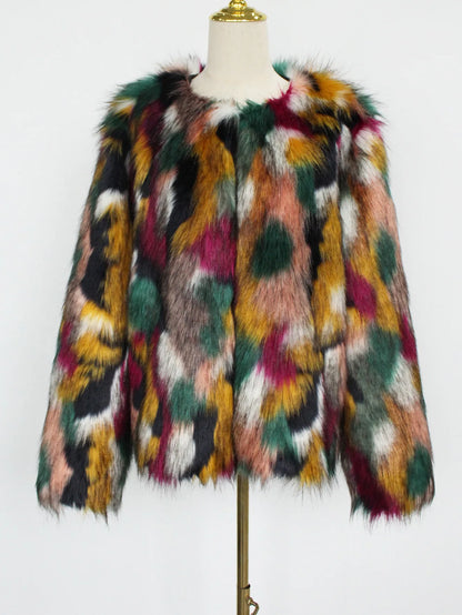 2026 Autumn Winter Color Print Faux Fur Coat Women Casual Long Sleeve Fluffy Plush Jacket O Neck Thick Fake Fur Warm Outwear