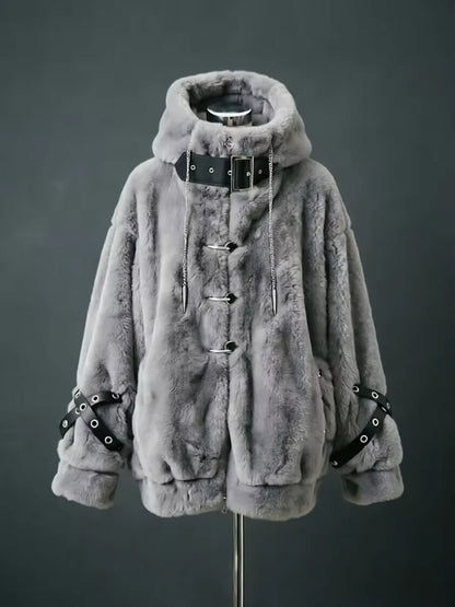Lautaro Autumn Winter Thick Warm Faux Fur Coat Women with Hood Zipper Luxury Japanese Style Punk Harajuku Fluffy Jacket 2026
