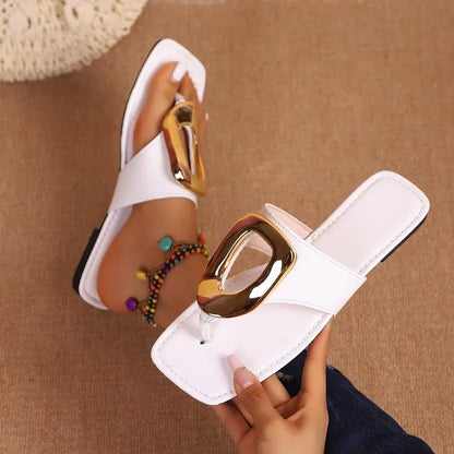 2025 Summer New White Women Slippers Fashion Luxury Slippers Outdoor Flat Shoes Women Beach Metal Sandals Female Slides