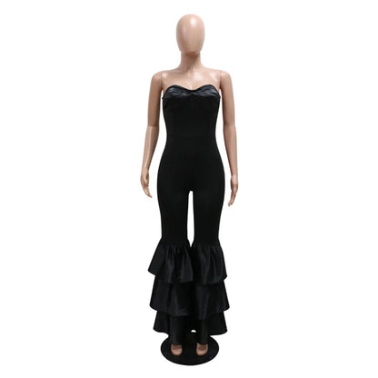 Jumpsuits Strapless Women Sleeveless Sexy Rompers One Piece Overalls Slim Fit Long Pant Ruffles Patchwork Elegant Lady