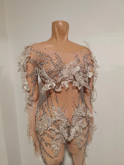Sexy Sparkly Diamond Sequins Long Sleeves Mesh Sheer Stretch Jumpsuit Women Evening Birthday Party Bar Nightclub Stage Show Wear