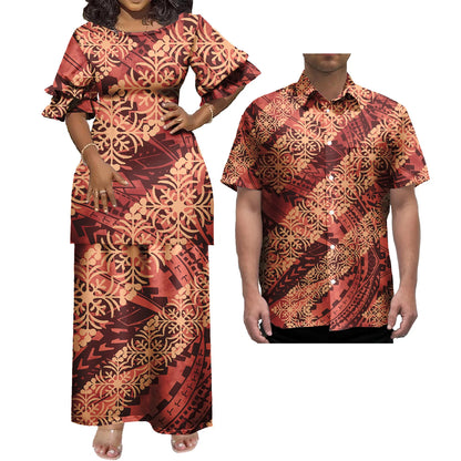 New Wholesale Custom Polynesian Tribal Design Petal Sleeve Samoan Puletasi Set Ptaha Plus Size Women 2 Piece Outfits Sets Dress