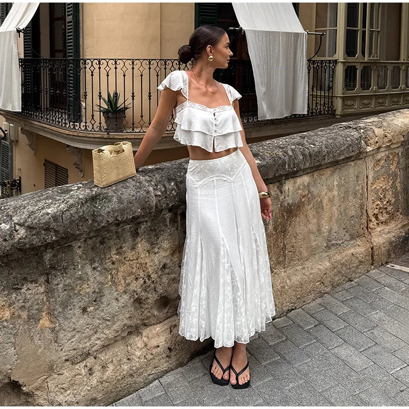 2026 Summer Fashion Square Neck Ruffled Crop Top & Pleated Midi Skirt 2-Piece Set Elegant Boho Resort Vacation Casual Outfits