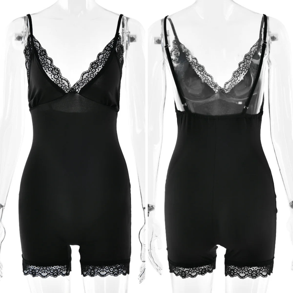 Absobe Lace Patchwork Cami Playsuit Women V-Neck Sexy Backless Sleeveless Romper Solid Y2K Streetwear Casual Loungewear Outfit