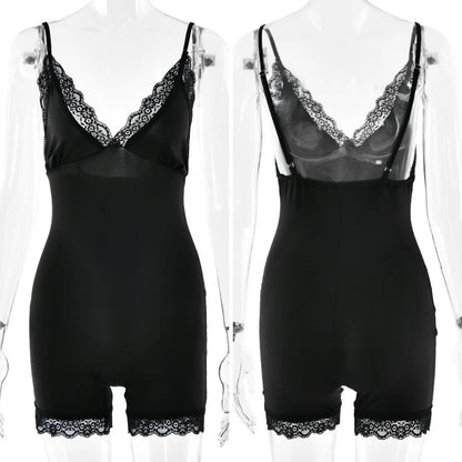 Absobe Lace Patchwork Cami Playsuit Women V-Neck Sexy Backless Sleeveless Romper Solid Y2K Streetwear Casual Loungewear Outfit