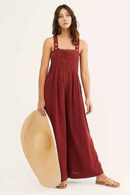 Women Summer Boho Jumpsuit Overalls Solid Ethnic Style Square Neck Sleeveless Casual Jumpsuit Pockets Loose Pants Jumpsuits 2024
