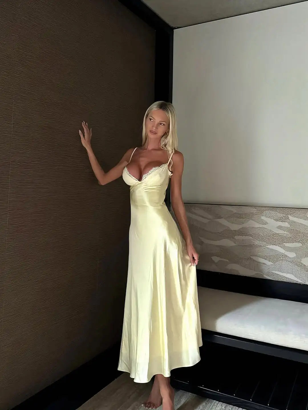 Elegant Women's Backless Yellow Lace Dresses Cross-back Design Long Slim Fit A-line Summer Dress Y2k Vacation Travel Vestido2026