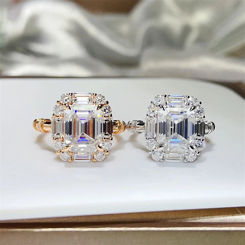 BXINY Luxury 9cttw Emerald Cut Full Moissanite Ring Pure S925 Silver for Women GRA Certified Diamonds Wedding Band Gifts Jewelry