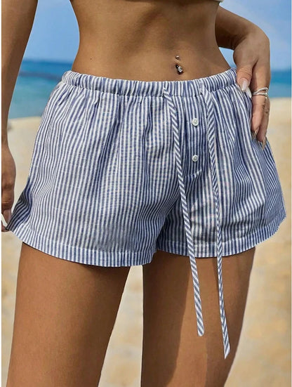 Elegant Beach Party Club Shorts Fashion Women Striped 2026 New Summer Drawstring Pocket Short Pant Casual Loose Wide Leg Pants