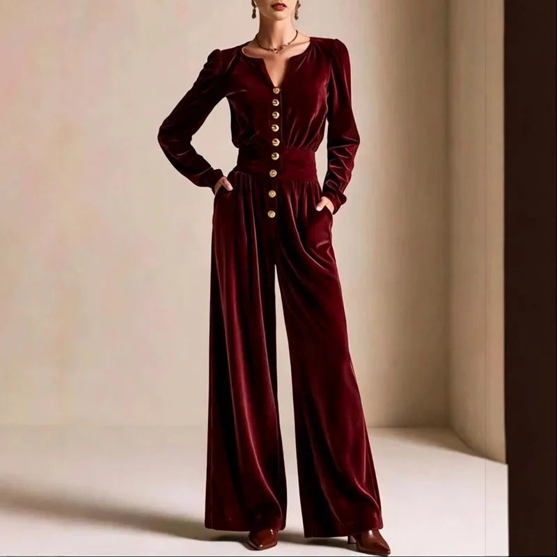 Elegant Solid Corduroy Overalls Ladies Notched V-Neck Long Sleeve Buttons Elastic Waist Romper New Autumn Casual Party Jumpsuits