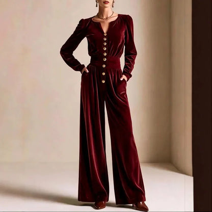 Elegant Solid Corduroy Overalls Ladies Notched V-Neck Long Sleeve Buttons Elastic Waist Romper New Autumn Casual Party Jumpsuits