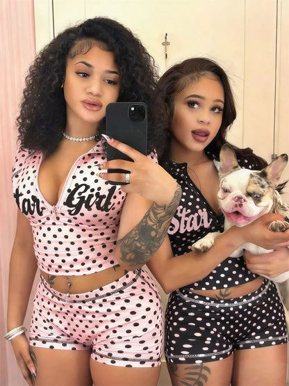 Kliou Polka Dot Print 2 Piece Set Woman Zip Turtleneck Short Sleeve Crop Tops+Skinny Shorts Street Sexy Fashion Style Outfits