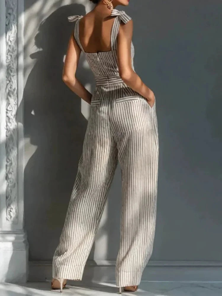 Holiday Women's Spaghetti Strap Backless Jumpsuits Summer Sleeveless Striped Patchwork Wide Leg Pants Playsuits Streetwear 2026