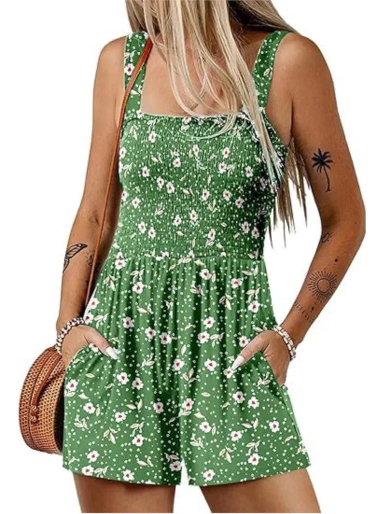 Femmes Print Jumpsuit Fashion Boho Beach Party Jumpsuits Lady Casual Sleeveless Pockets High Waist Shorts Jumpsuits Summer New