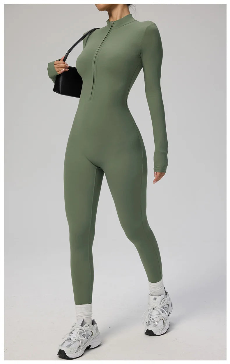 TRY TO BN Women's Jumpsuit Long Sleeve Zipper Shapewear Bodysuit Yoga Fitness One Piece Tights Gym Clothing Mono Deportivo Mujer
