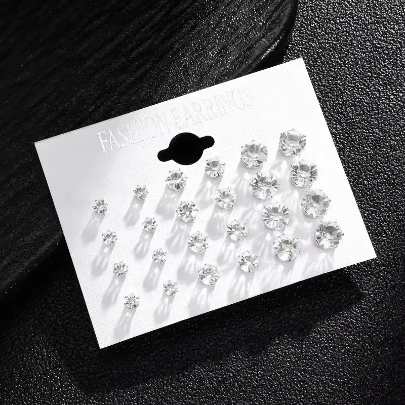 New 12 Pair Pack White Shiny Wedding Stud Earrings Set For Women Men Crystal Rhinestone Earrings Party Jewelry Accessories Gifts