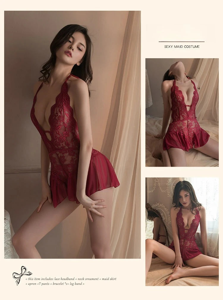 Sexy Lingerie for Women Lace Bodysuit One Piece Teddy Mini Babydoll Mesh Sleepwear V Neck Chemise Nightgowns