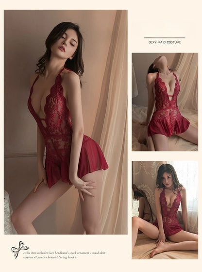 Sexy Lingerie for Women Lace Bodysuit One Piece Teddy Mini Babydoll Mesh Sleepwear V Neck Chemise Nightgowns