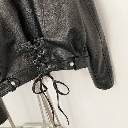 OFTBUY Women's Faux Leather Moto Jacket with Real Fox Fur Collar PU Leather Cropped Biker Coat with Lace-Up New Winter Outerwear