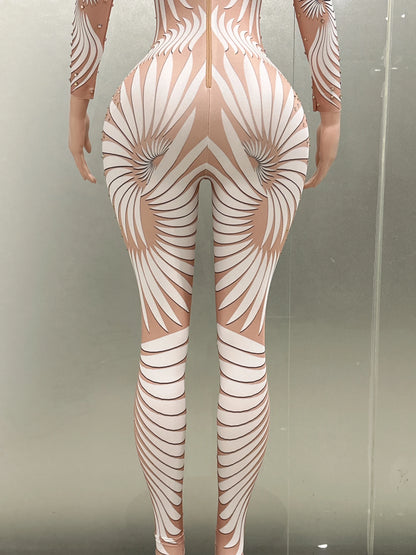 White Printing Shinning Diamonds Sexy Elastic Sheath Long Jumpsuit Evening Party Performance Bar DJ Nightclub Singer Stage Wear