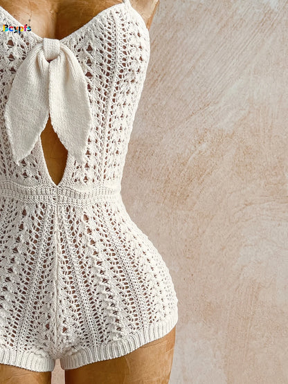 Boho White Crochet Romper for Women Front Tie Hollow Out Sleeveless Backless Knitted Playsuit Beach Holiday Outfit